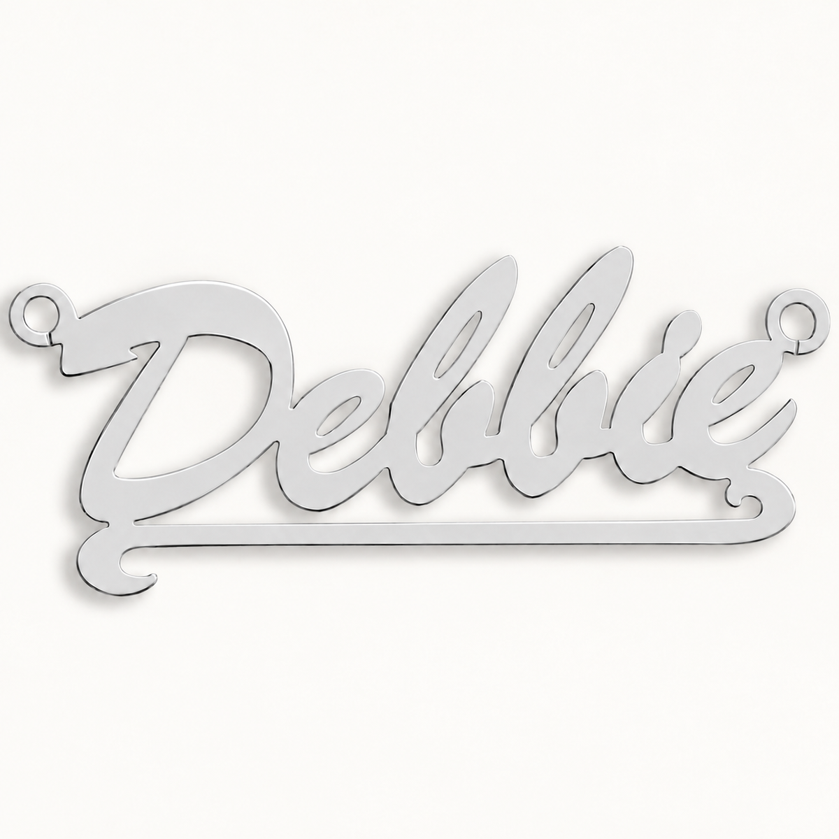 Sterling silver Script Scroll personalised nameplate, example Debbie, illustrative image on pale off-white background