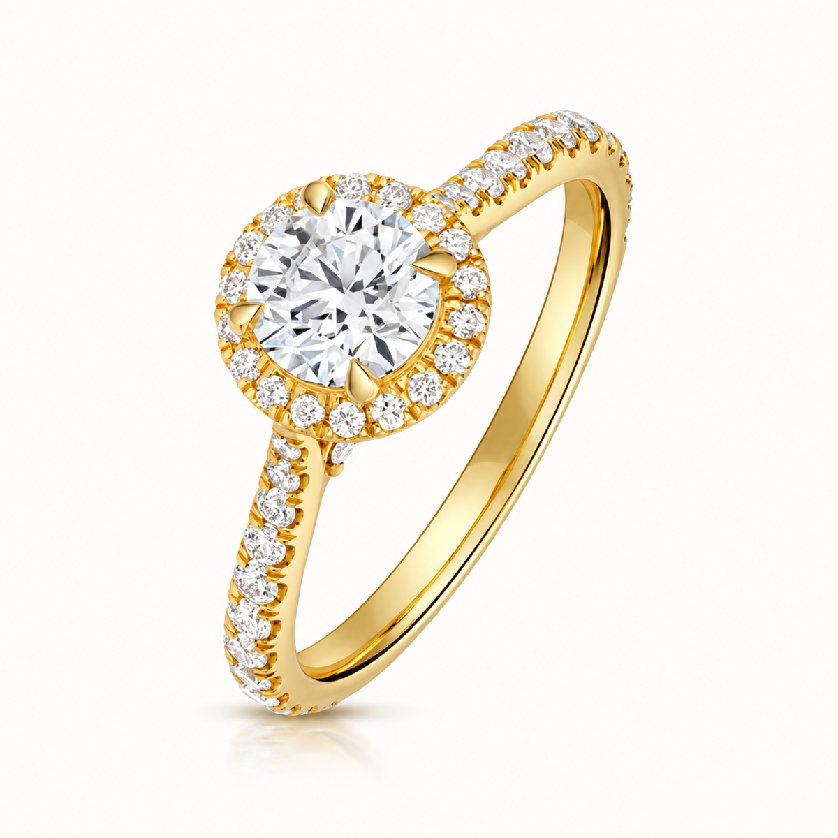 18ct yellow gold round halo lab diamond engagement ring front view