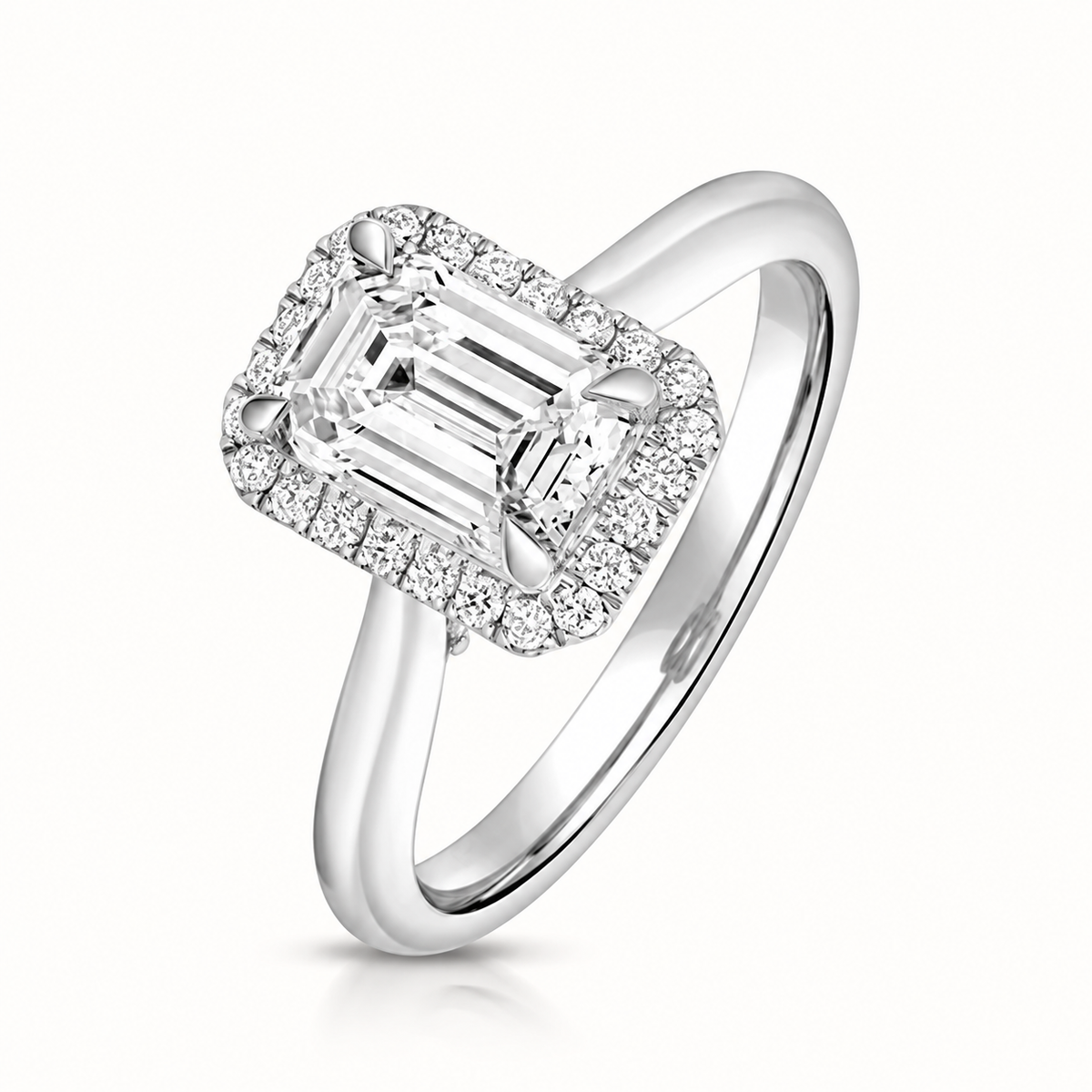18ct white gold emerald cut lab diamond engagement ring front view