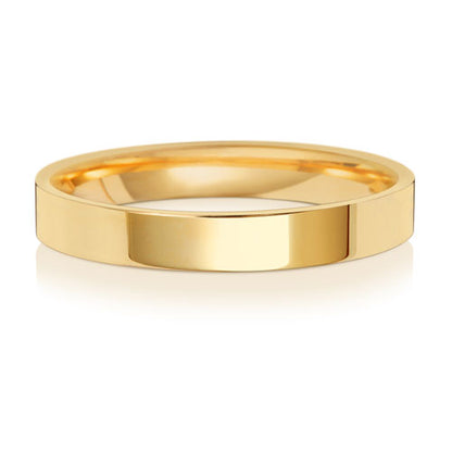 Flat Court Wedding Band 3mm in yellow gold, lying flat