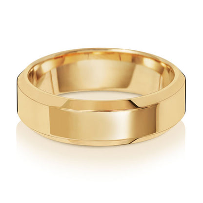 Bevelled Edge Wedding Band 6mm in yellow gold, lying flat