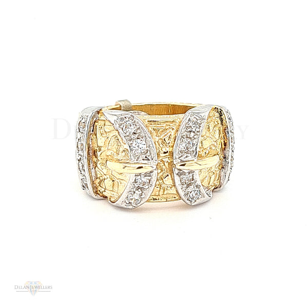 9ct Gold Double Buckle Ring with CZ stones - 21.6g