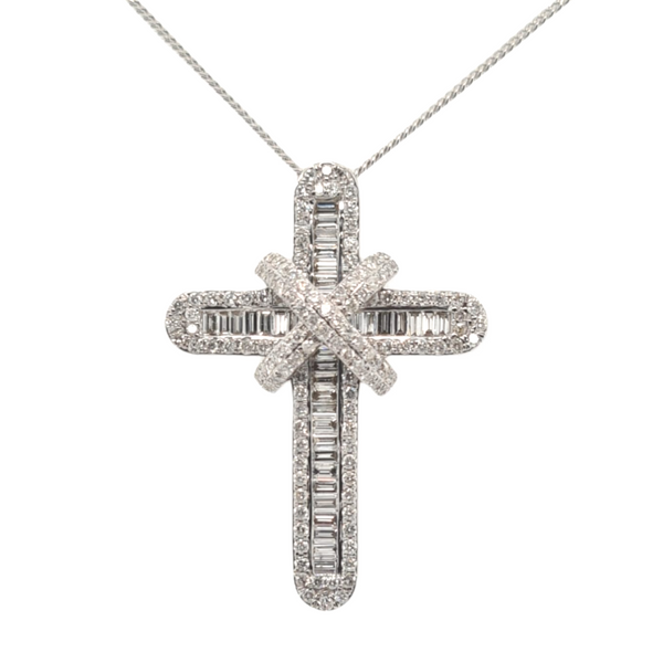 9ct White Gold Classic Diamond Cross with Baguettes