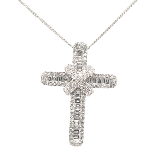 9ct White Gold Classic Diamond Cross with Baguettes