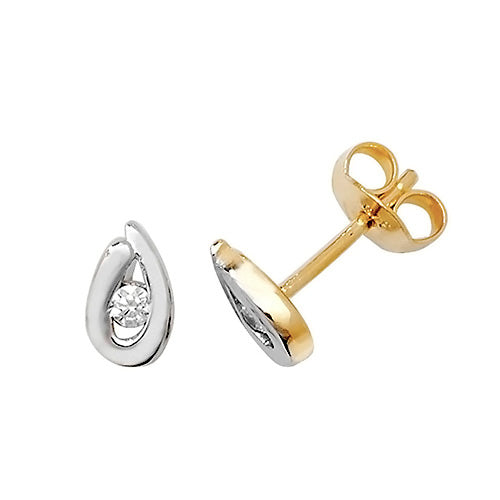 9ct Gold 2 Tone Single Cz Teardrop Studs ER098