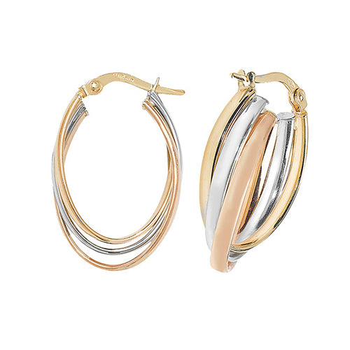 9Ct Gold Tricolour Entwined Oval Hoops - ER1002