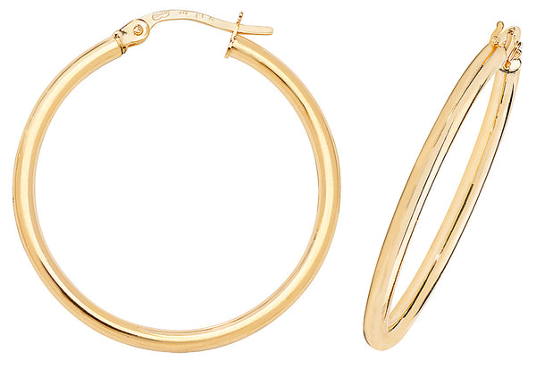 9ct Yellow Gold Plain 2mm Wide Hoops