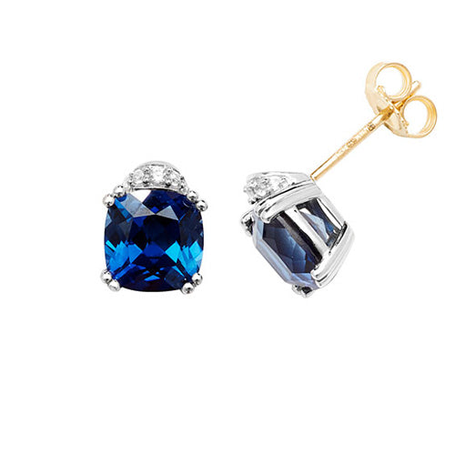 9Ct Gold Cushion Created Sapphire And White Sapphire Studs ES1201S