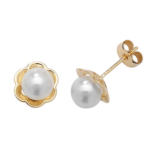 9Ct Gold Pearl Flower Style Studs - ES389