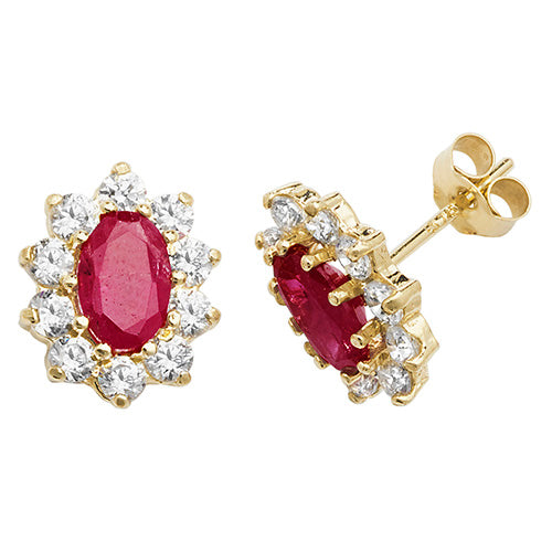 9Ct Gold Ruby Oval Cluster Studs - ES545RB