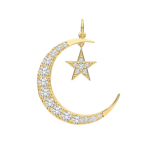 9ct Gold Cz Star and Crescent Moon Pendant - PN1177