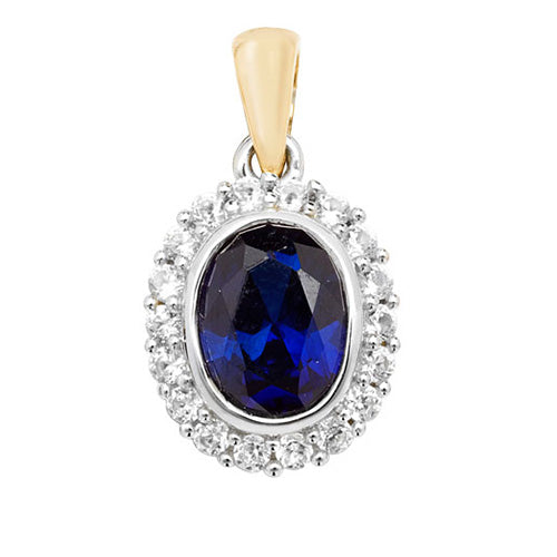 9ct Gold Oval Created Sapphire and White Sapphire Pendant - PN1203S