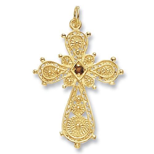 9ct Gold Garnet Cz Filigree Cross Pendant PN432