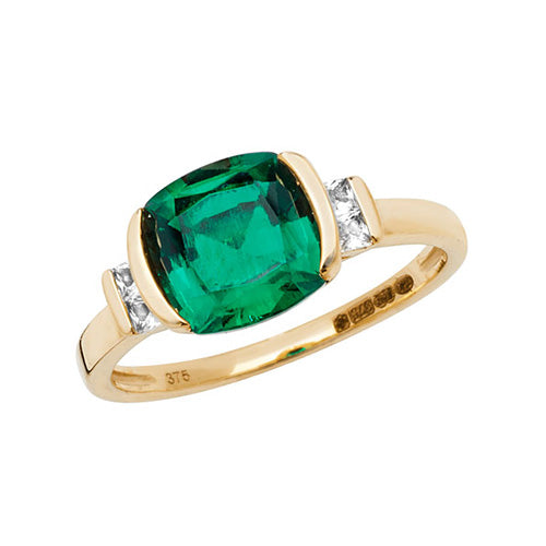 9ct Gold Cushion Created Emerald and White Sapphire Ring - RN1200E