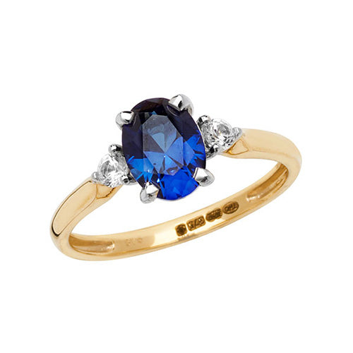 9ct Gold Oval Created Sapphire and White Sapphire Ring - RN1205S