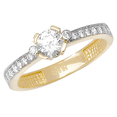 9ct Gold Solitaire Cz With Pave Set Shoulders Ring - RN687