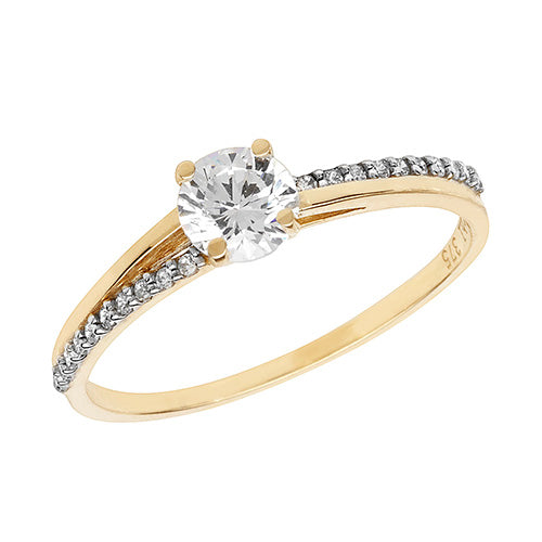 9ct Gold Solitaire Cz Pave Set Shoulders Ring - RN857