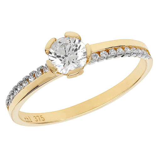 9ct Gold Solitaire Cz Pave Set Shoulders Ring - RN859