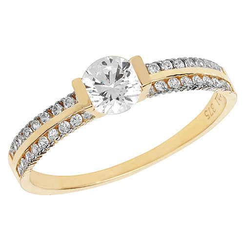 9ct Gold Solitaire Cz 2 Row Channel Set Shoulders Ring - RN863
