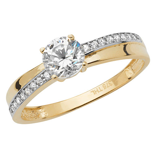 9Ct Gold Solitaire Cz With Pave Set Crossover Shoulders Ring - RN897