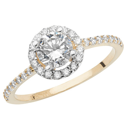 9Ct Gold Halo Round Cz With Grain Set Shoulders Ring - RN904